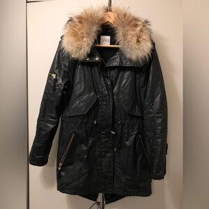 SAM. New York Camper Parka Black Vinyl Coated, Coyote Fur Collar - Size Small